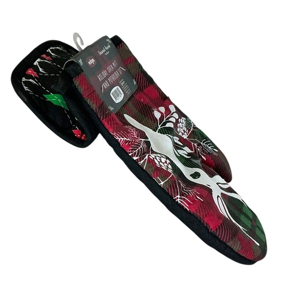 Holiday Deer Argyle Cotton Oven Mitt Potholder Set Christmas Winter Seasonal - Picture 7 of 16